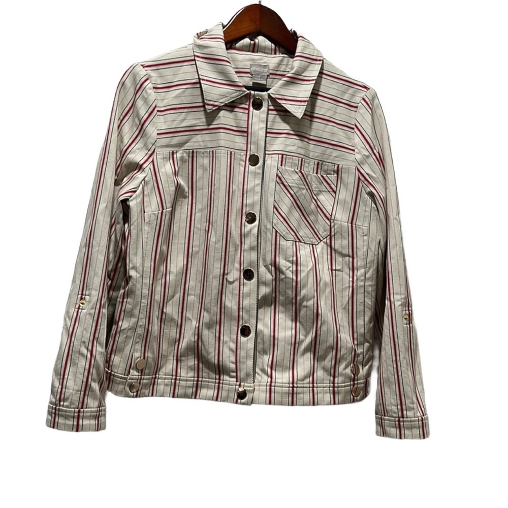 🎬Chico’s striped top/jacket GUC size 1 red colors.